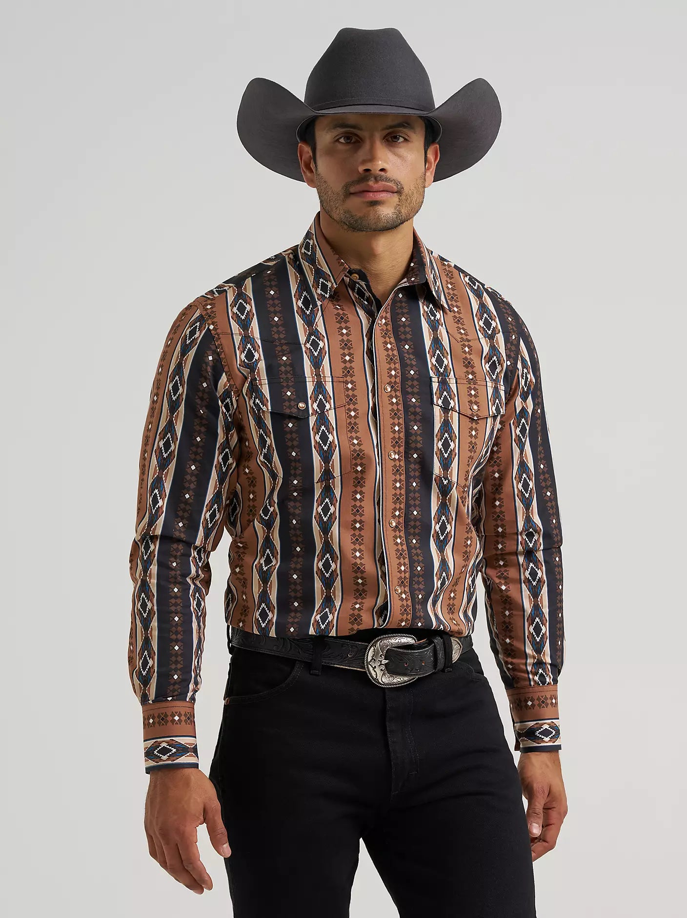 Men's Wrangler Checotah® Long Sleeve Western Snap Printed Shirt-Mocha