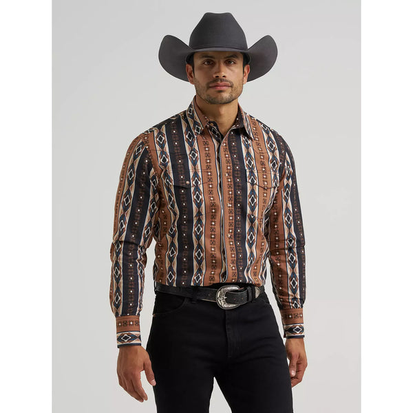 Men's Wrangler Checotah® Long Sleeve Western Snap Printed Shirt-Mocha