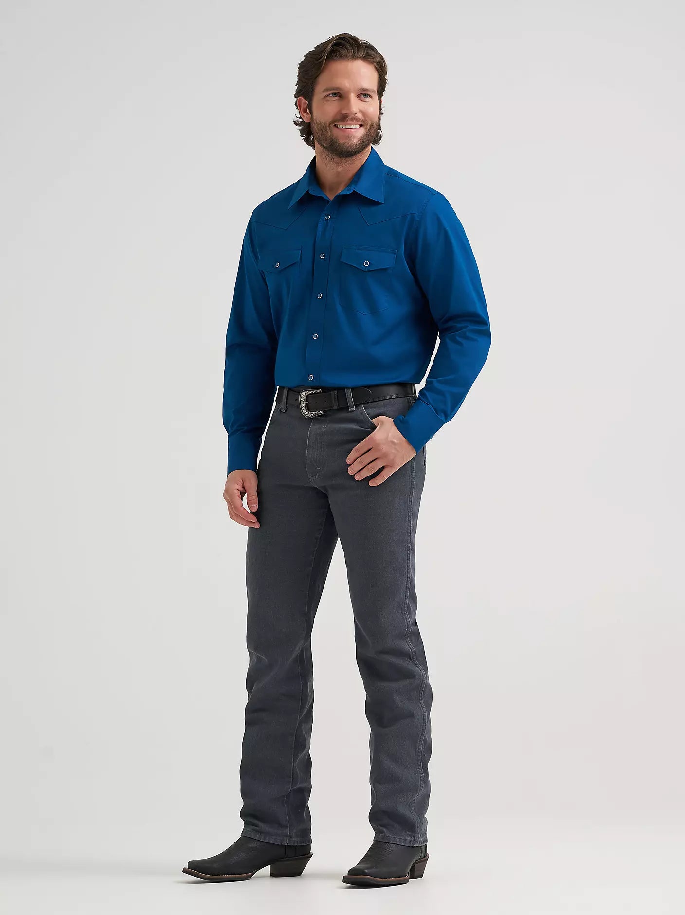 Men's Wrangler® Long Sleeve Solid Broadcloth Western Snap Shirt-Blue