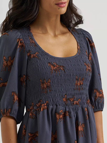 Women's Wrangler Smocked Puff-Sleeve Babydoll Dress-Blue