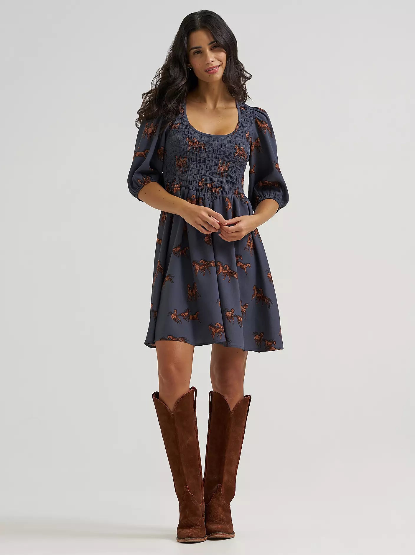 Women's Wrangler Smocked Puff-Sleeve Babydoll Dress-Blue