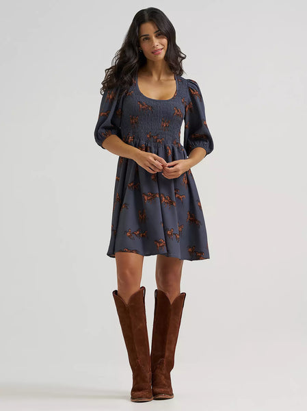 Women's Wrangler Smocked Puff-Sleeve Babydoll Dress-Blue