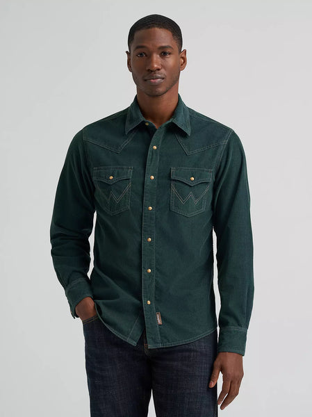 Men's Wrangler Retro® Premium Long Sleeve Western Snap Corduroy Shirt-Dark Green