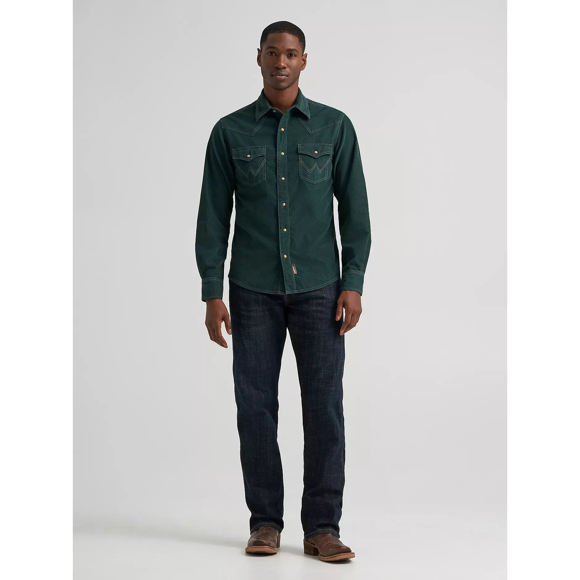 Men's Wrangler Retro® Premium Long Sleeve Western Snap Corduroy Shirt-Dark Green