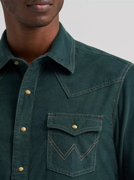 Men's Wrangler Retro® Premium Long Sleeve Western Snap Corduroy Shirt-Dark Green