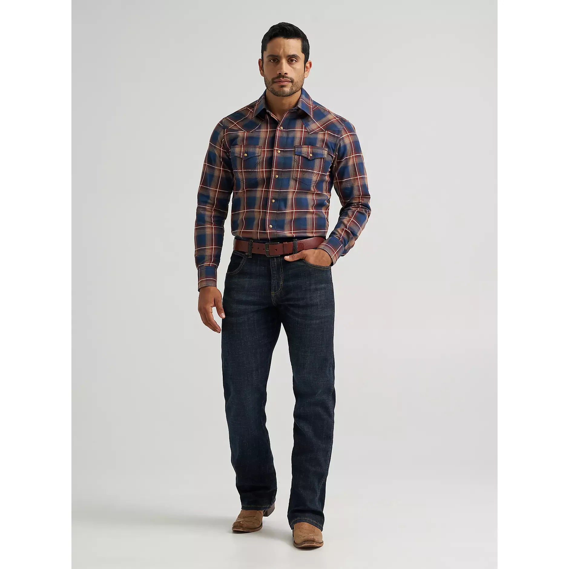 Men's Wrangler Retro Premium Long Sleeve Western Snap Plaid Shirt-Blue Sunset