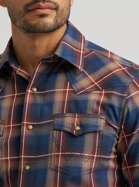 Men's Wrangler Retro Premium Long Sleeve Western Snap Plaid Shirt-Blue Sunset