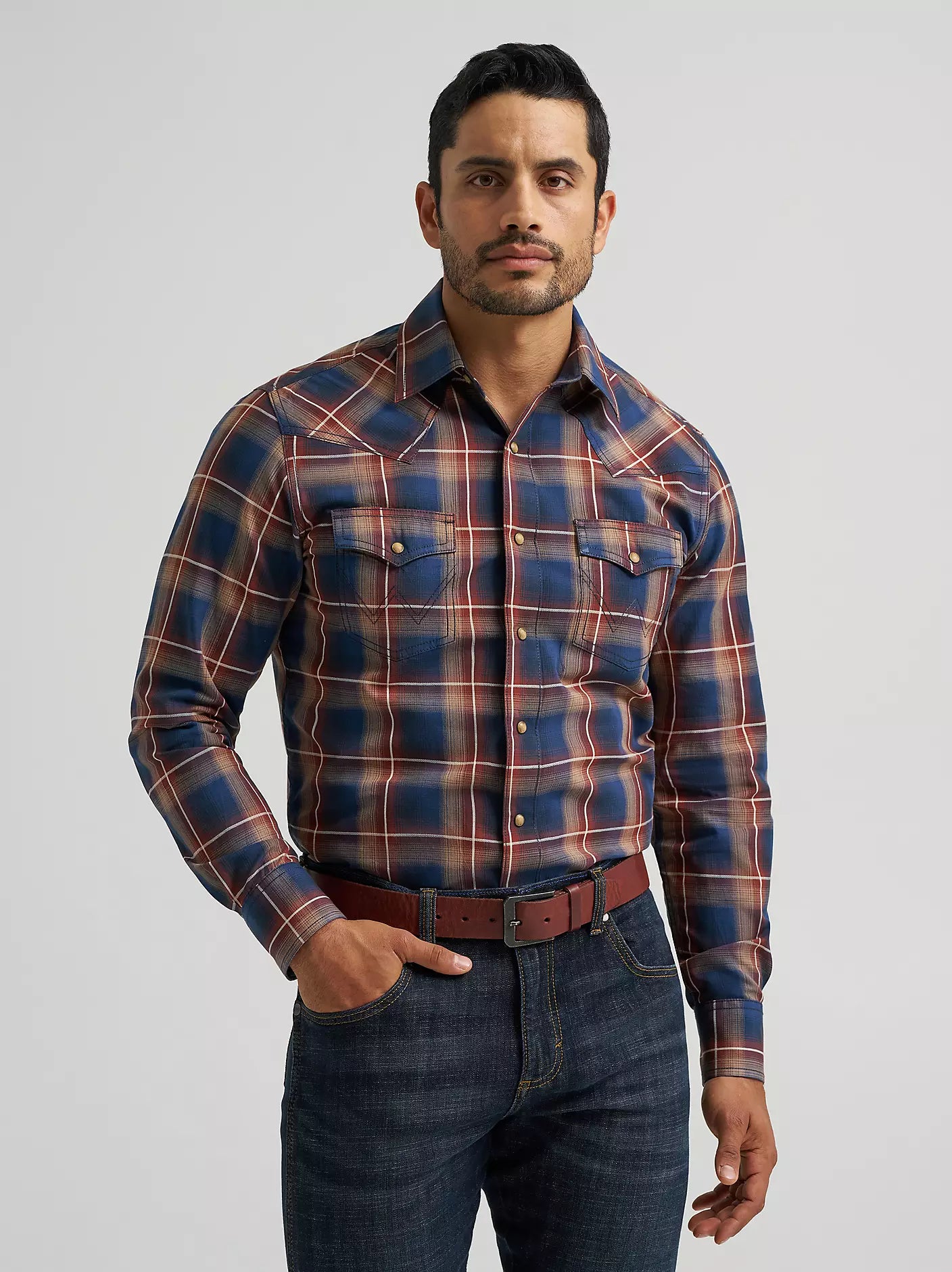 Men's Wrangler Retro Premium Long Sleeve Western Snap Plaid Shirt-Blue Sunset