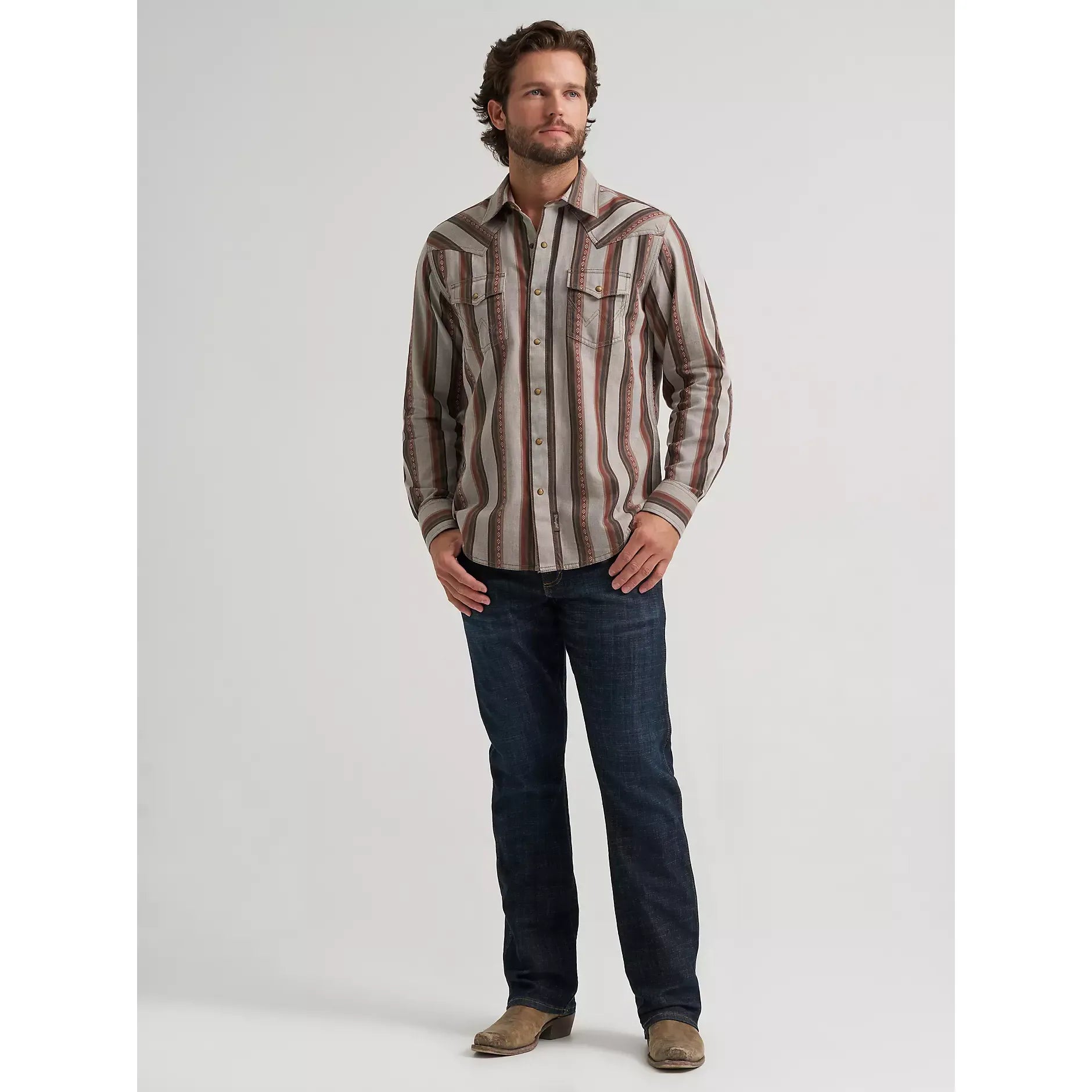 Men's Wrangler Retro Premium Stripe Western Snap Shirt-Brown Sand - CWesternwear
