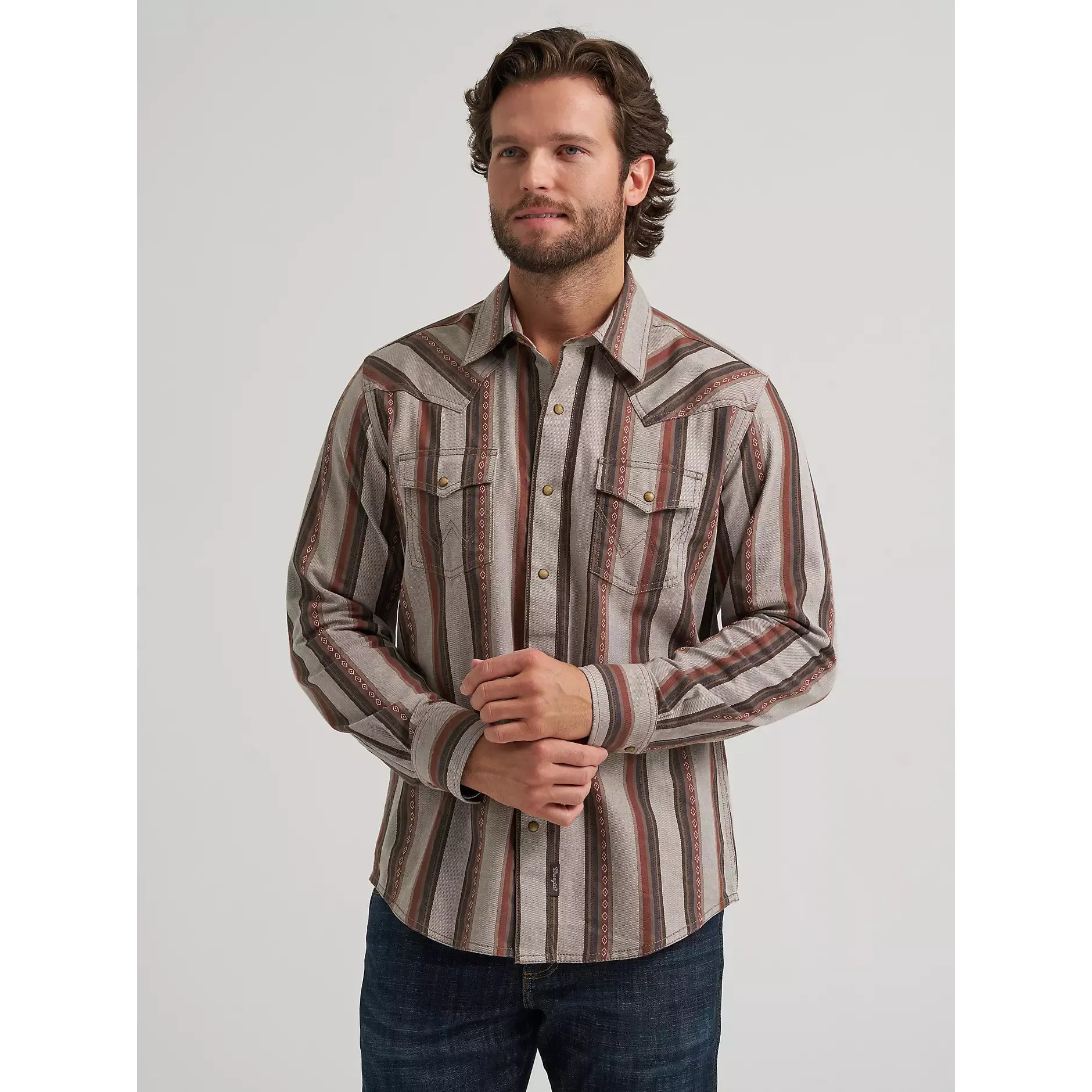 Men's Wrangler Retro Premium Stripe Western Snap Shirt-Brown Sand - CWesternwear