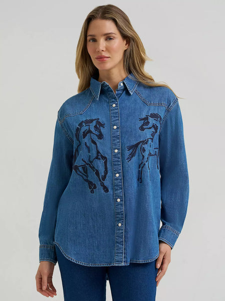 Women's Wrangler Horses Boyfriend Western Snap Shirt-Denim