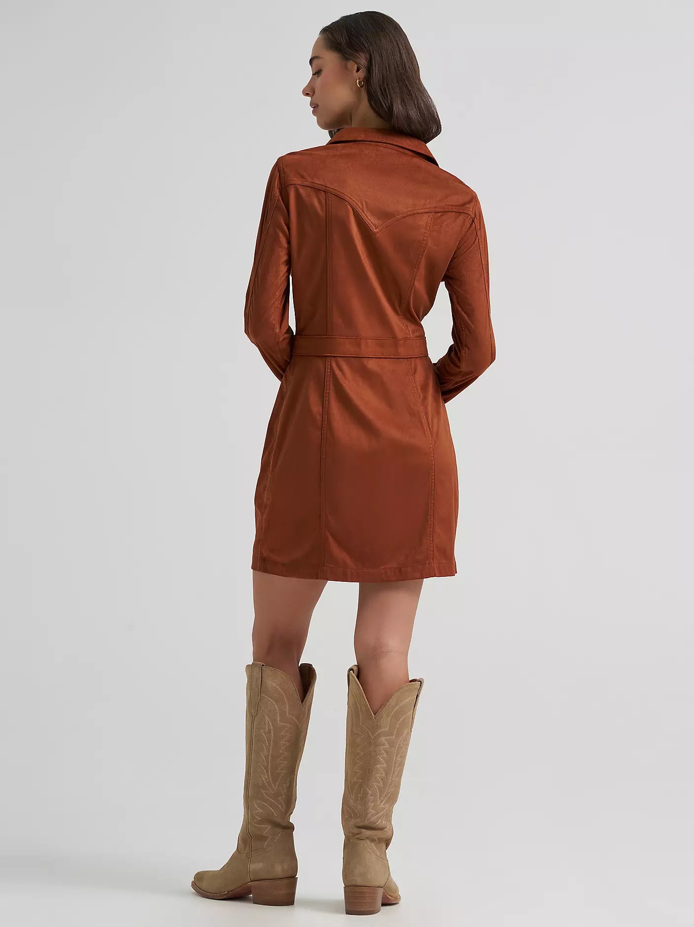 Women's Wrangler Sueded Western Snap Shirt Dress-Cinnamon - CWesternwear