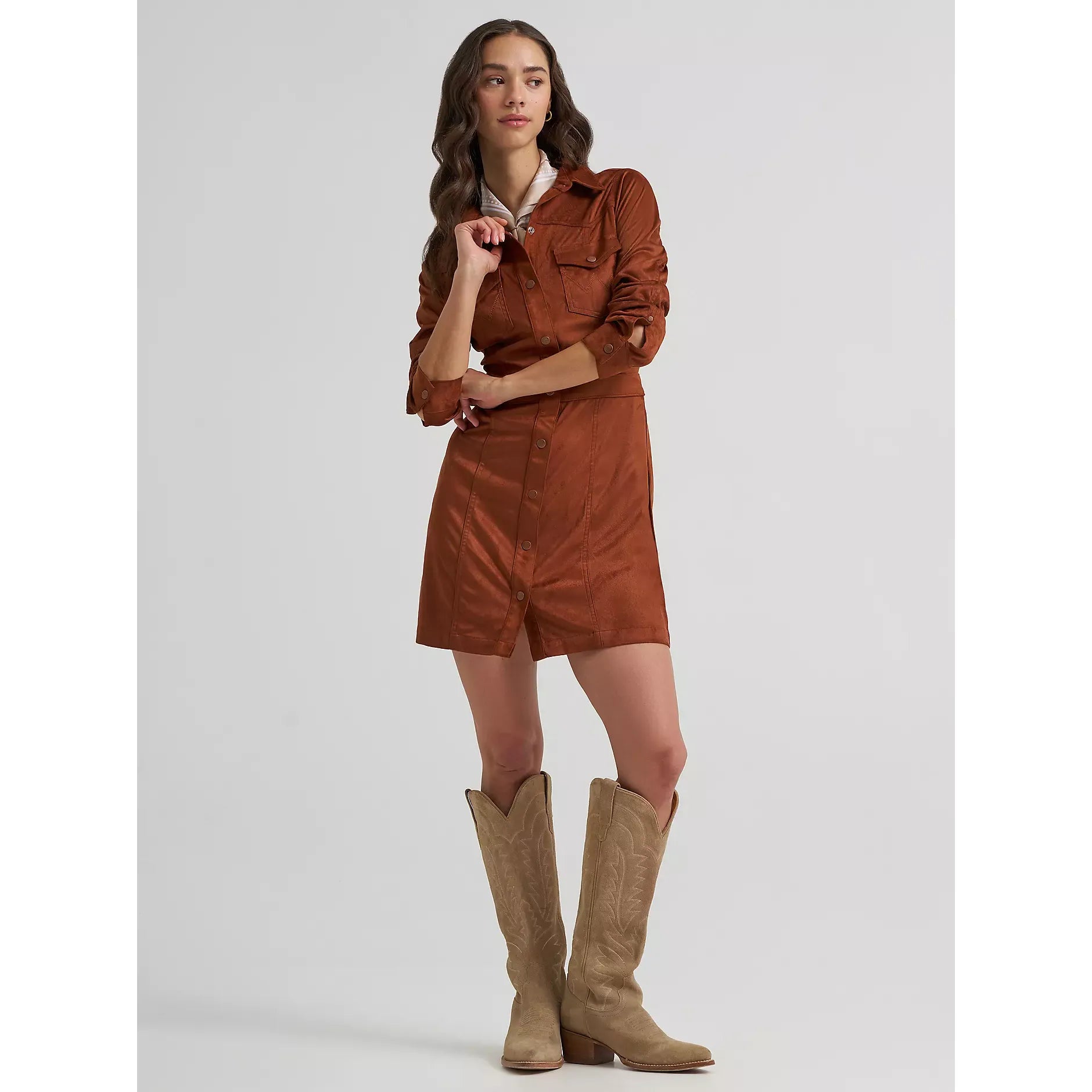 Women's Wrangler Sueded Western Snap Shirt Dress-Cinnamon - CWesternwear