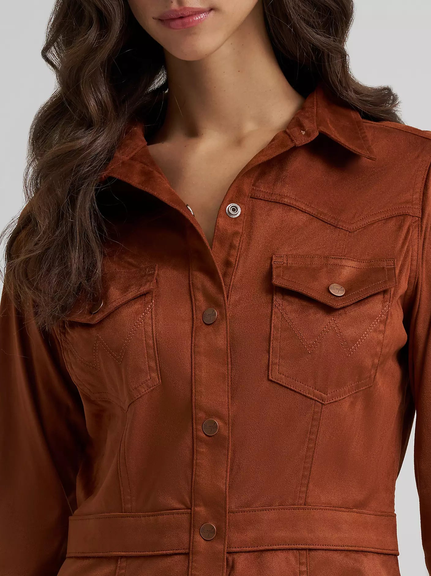 Women's Wrangler Sueded Western Snap Shirt Dress-Cinnamon - CWesternwear