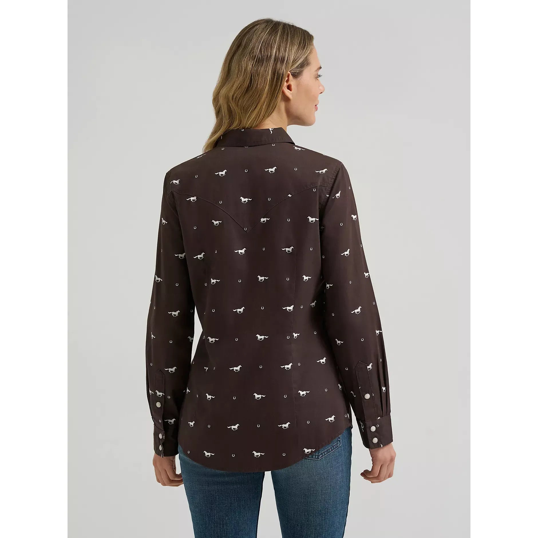 Women's Wrangler Olivia Western Slim Snap Shirt-Horses Cocoa - CWesternwear
