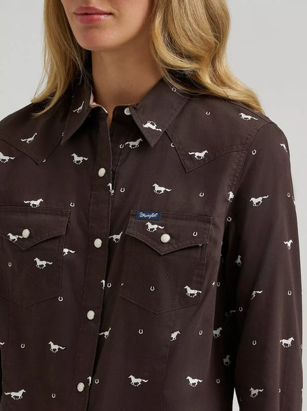 Women's Wrangler Olivia Western Slim Snap Shirt-Horses Cocoa