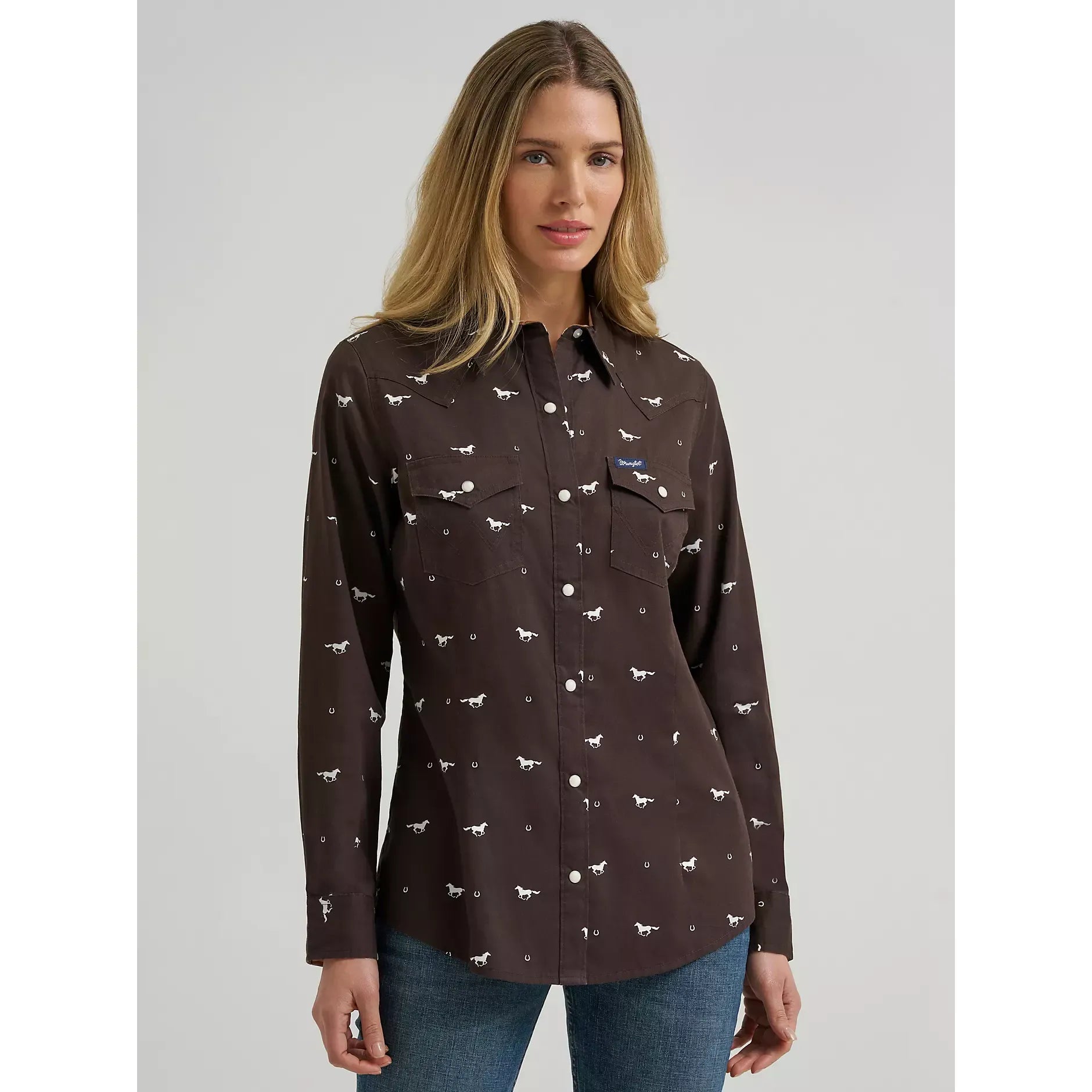 Women's Wrangler Olivia Western Slim Snap Shirt-Horses Cocoa - CWesternwear