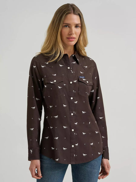 Women's Wrangler Olivia Western Slim Snap Shirt-Horses Cocoa