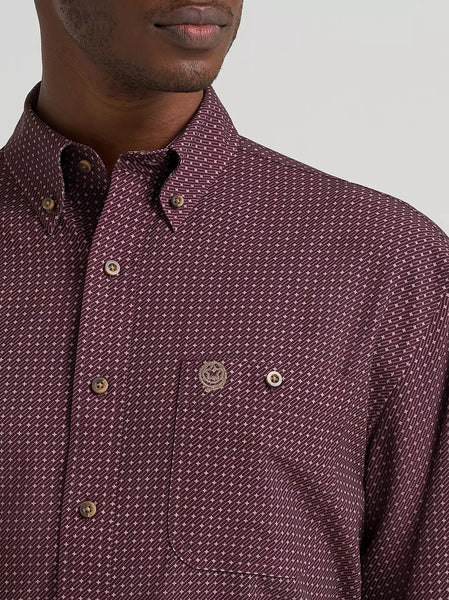 Men's Wrangler® George Strait™ Performance Button Down Shirt-Wine Cross - CWesternwear