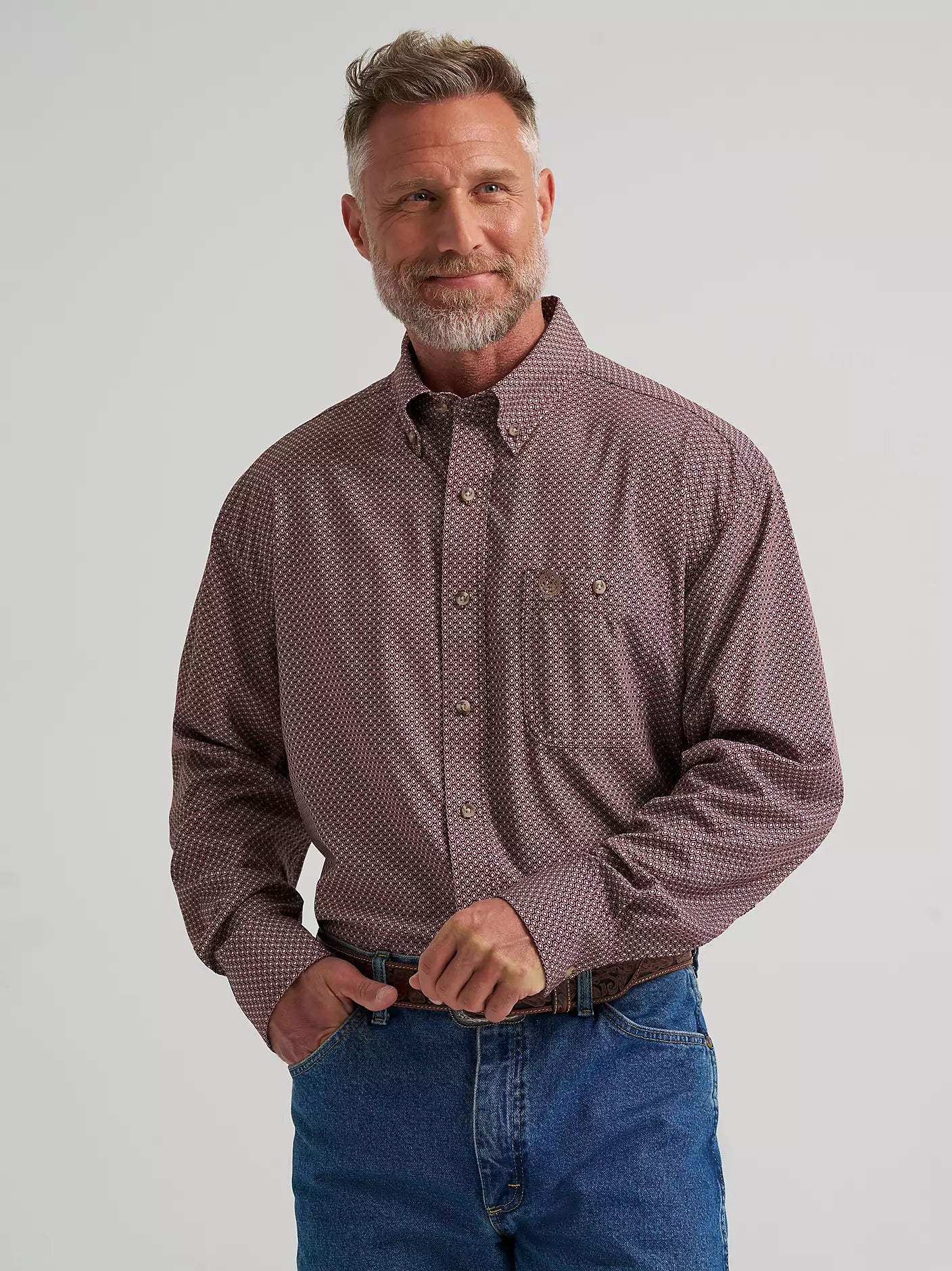 Men's Wrangler® George Strait™ Performance Button Down Shirt-Burgundy Geo
