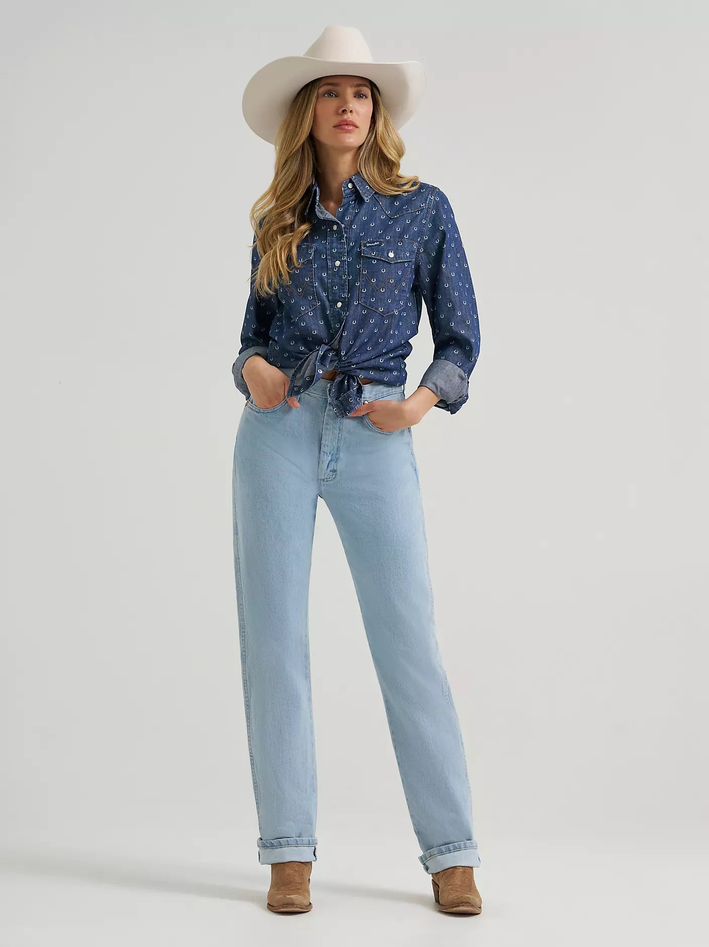 Women's Wrangler Printed Vintage Fit Snap Shirt-Denim - CWesternwear