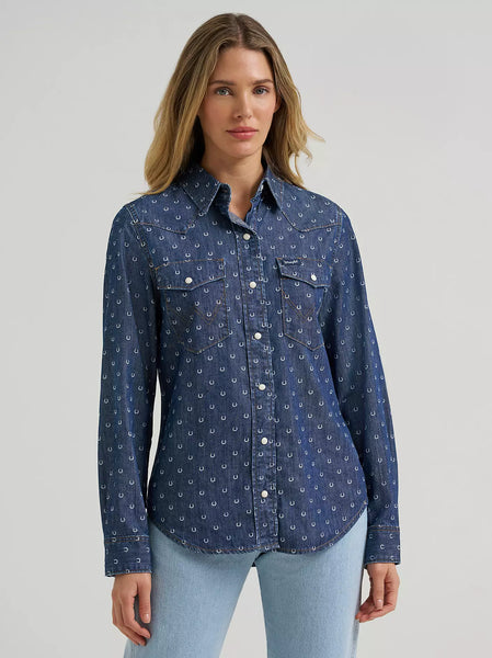 Women's Wrangler Printed Vintage Fit Snap Shirt-Denim
