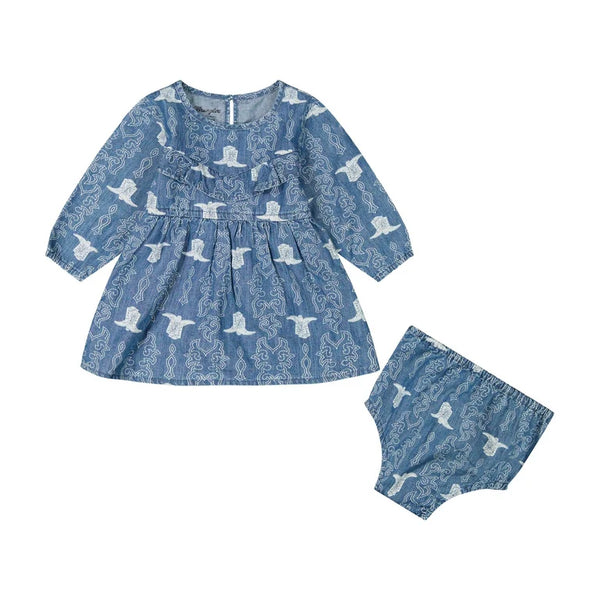 Wrangler Little Girl's Long Sleeve Western Denim Print Dress-Denim Blue