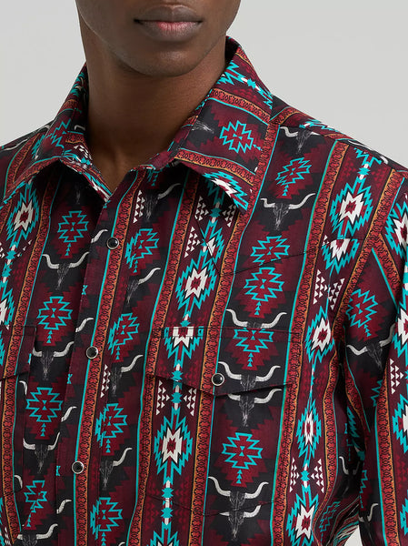 Men's Wrangler Checotah® Long Sleeve Western Snap Printed Shirt-Crimson Range