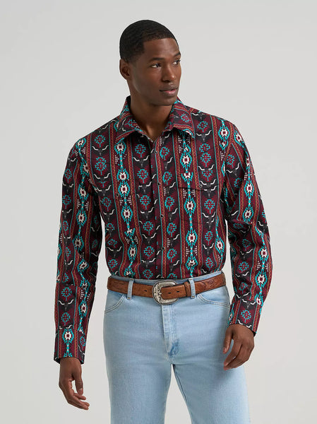 Men's Wrangler Checotah® Long Sleeve Western Snap Printed Shirt-Crimson Range