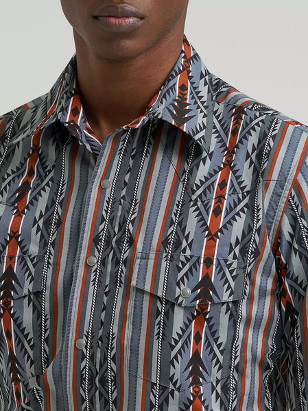 Men's Wrangler Checotah® Long Sleeve Western Snap Printed Shirt-Ridge Blue