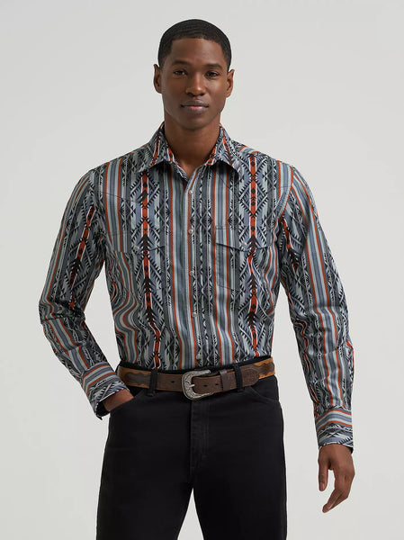 Men's Wrangler Checotah® Long Sleeve Western Snap Printed Shirt-Ridge Blue