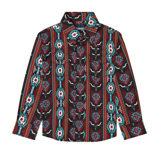 Boy's Wrangler Checotah® Long Sleeve Western Snap Printed Shirt-Aztec Steer Print - CWesternwear