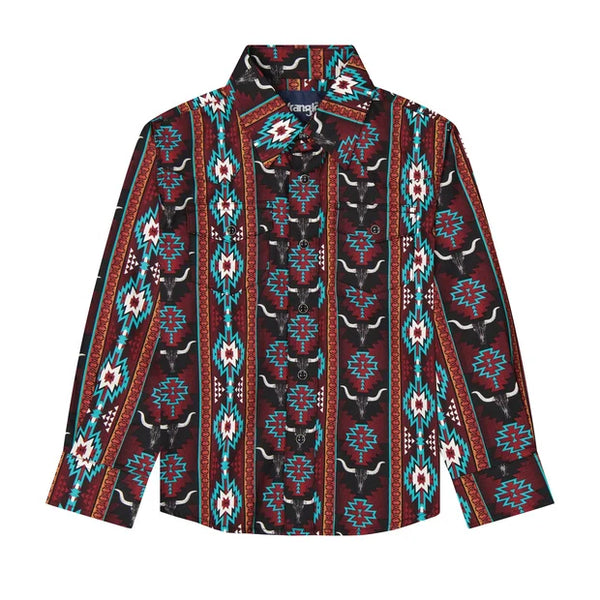 Boy's Wrangler Checotah® Long Sleeve Western Snap Printed Shirt-Aztec Steer Print