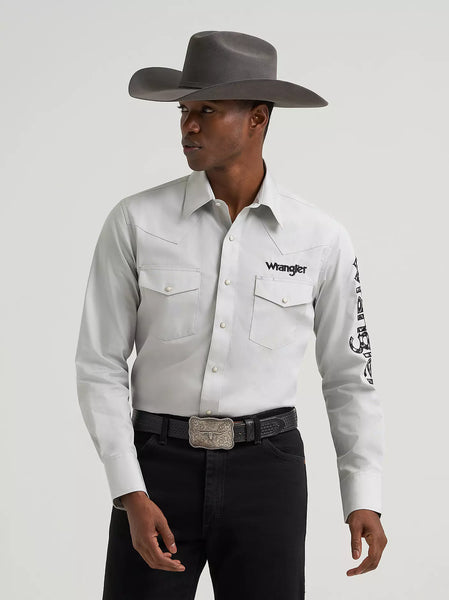 Men's Wrangler Logo Long Sleeve Western Snap Shirt-White