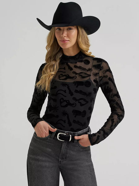 Women's Wrangler Sheer Mock Neck Top-Black Spur