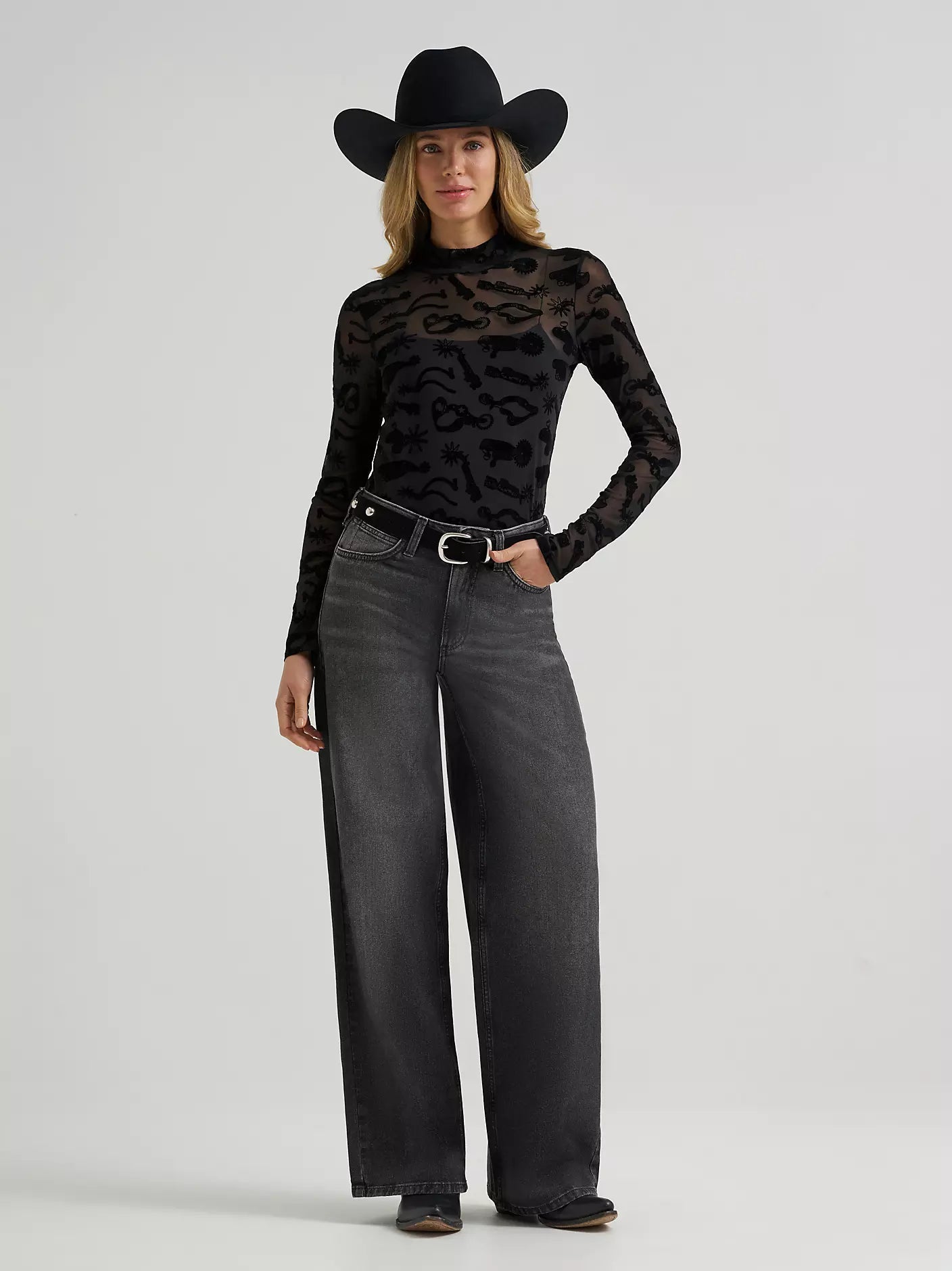 Women's Wrangler Sheer Mock Neck Top-Black Spur