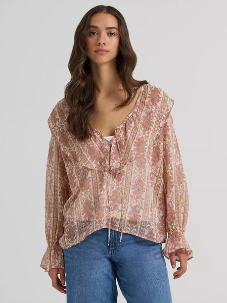 Women's Wrangler Puff Sleeve Ruffled Blouse-Cream