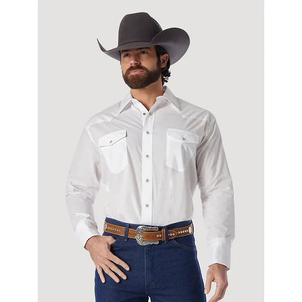MEN'S WRANGLER® WESTERN SNAP WHITE SHIRT - LONG SLEEVE SOLID BROADCLOTH
