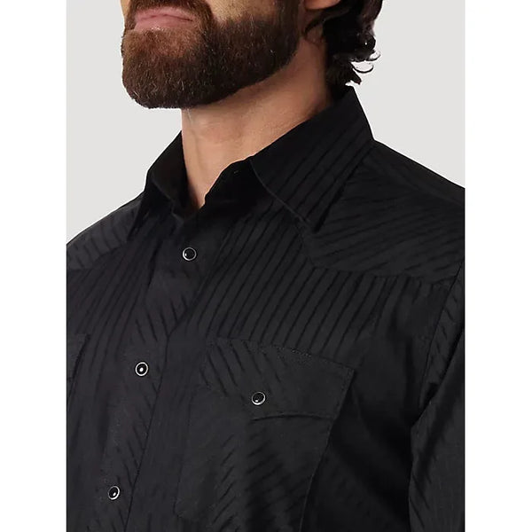 WRANGLER® WESTERN LONG SLEEVE WESTERN SNAP DOBBY STRIPE BLACK SHIRT - CWesternwear