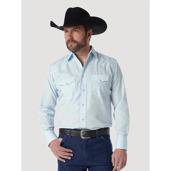 MEN'S WRANGLER® WESTERN LONG SLEEVE WESTERN SNAP DOBBY STRIPE BLUE SHIRT