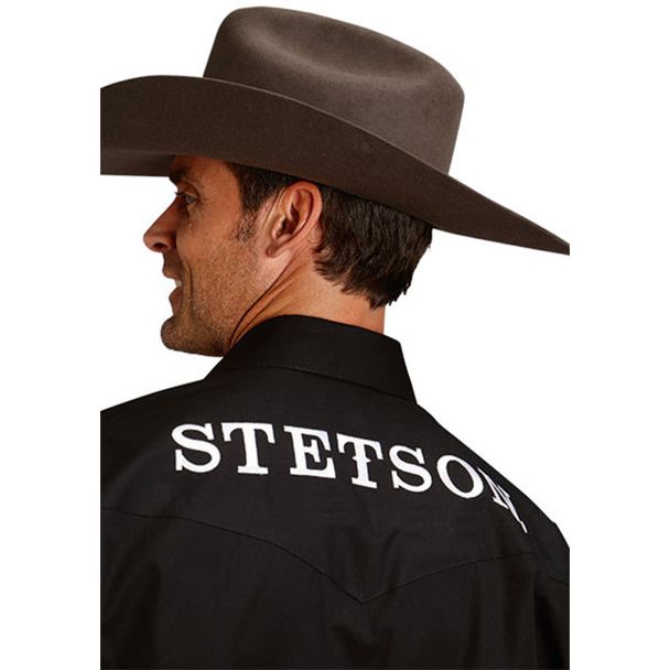Men's Stetson Solid Poplin Logo Western Shirt-Black