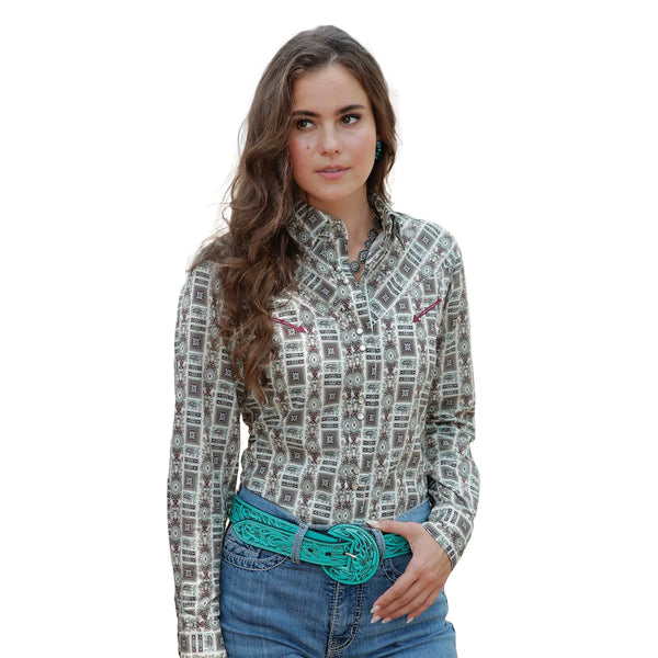 Women's Cinch Stripe Print Long Sleeve Shirt - Cream