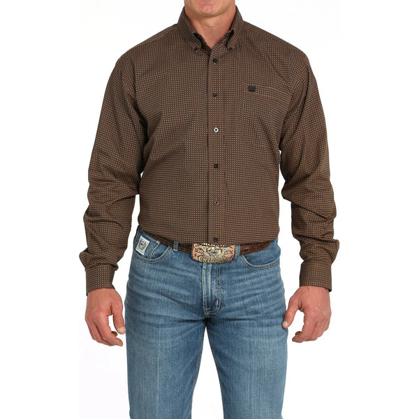 Men's Cinch Geometric Print Button-Down Western Shirt-Brown
