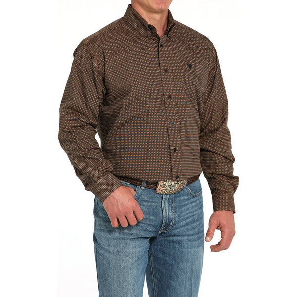 Men's Cinch Geometric Print Button-Down Western Shirt-Brown
