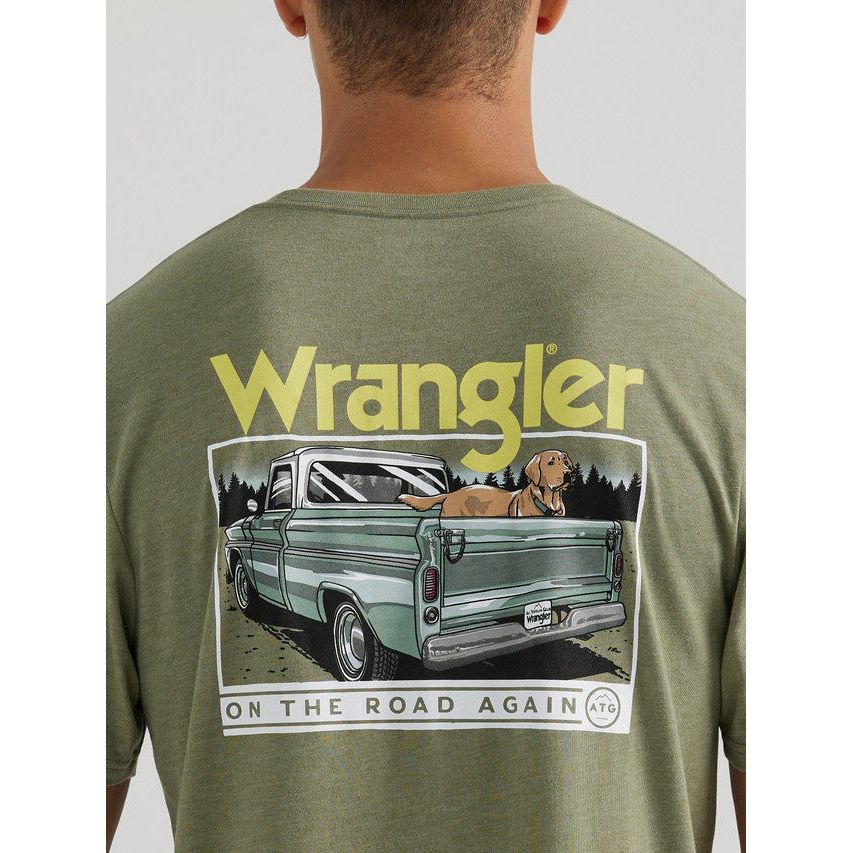 MEN'S ATG BY WRANGLER® FRONT GRAPHIC T-SHIRT IN DEEP LICHEN GREEN HEATHER