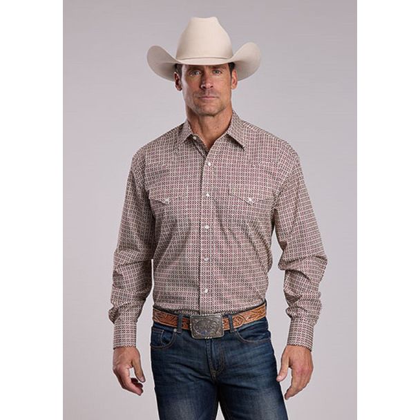Men's Stetson Snap 2 Pocket Diamond Geo Print Long Sleeve Shirt-Diamond Geo Print