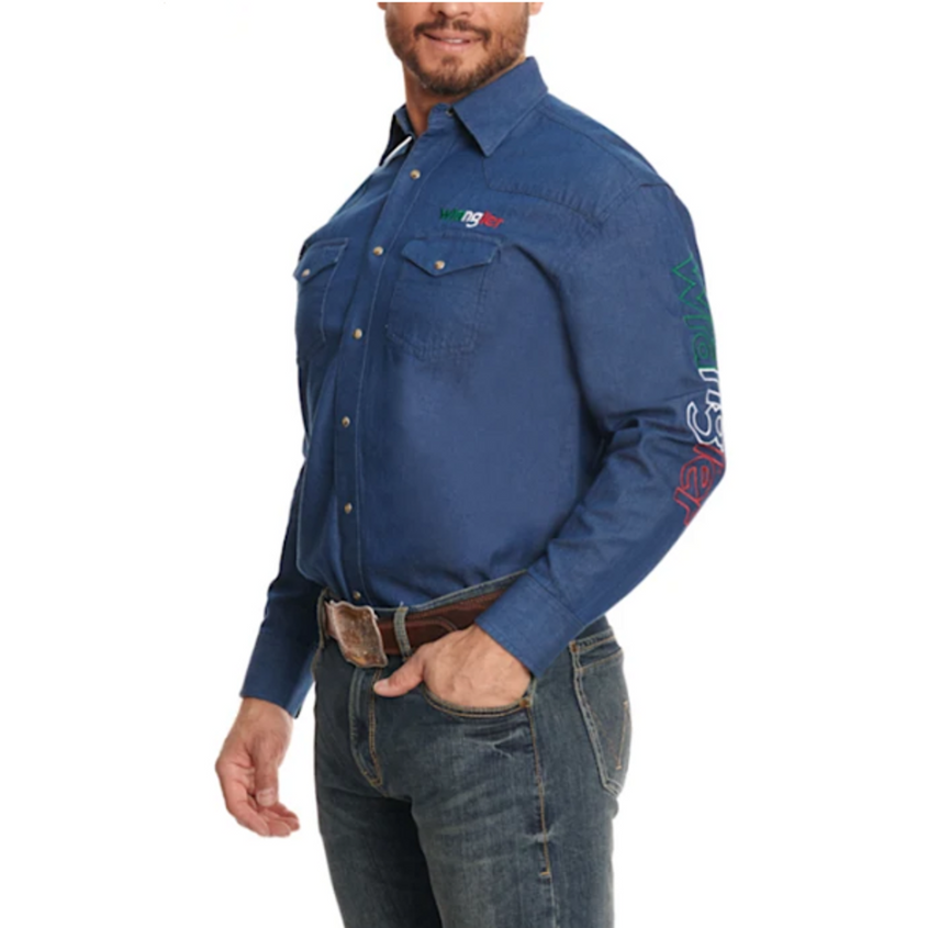 Men's Wrangler Team Mexico Logo Denim Long Sleeve Shirt