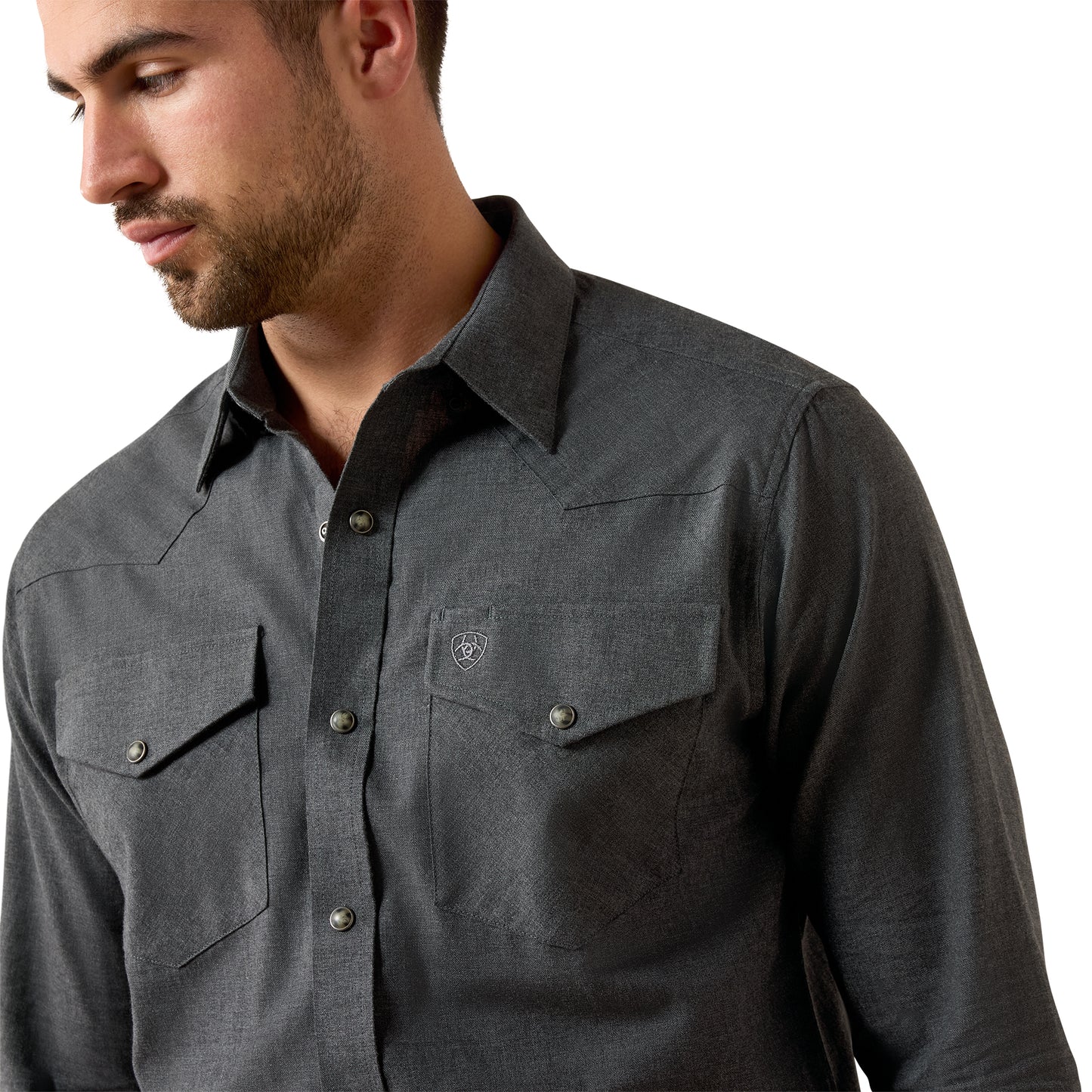 Men's Ariat Solid Twill Fitted Snap Shirt-Charcoal Heather