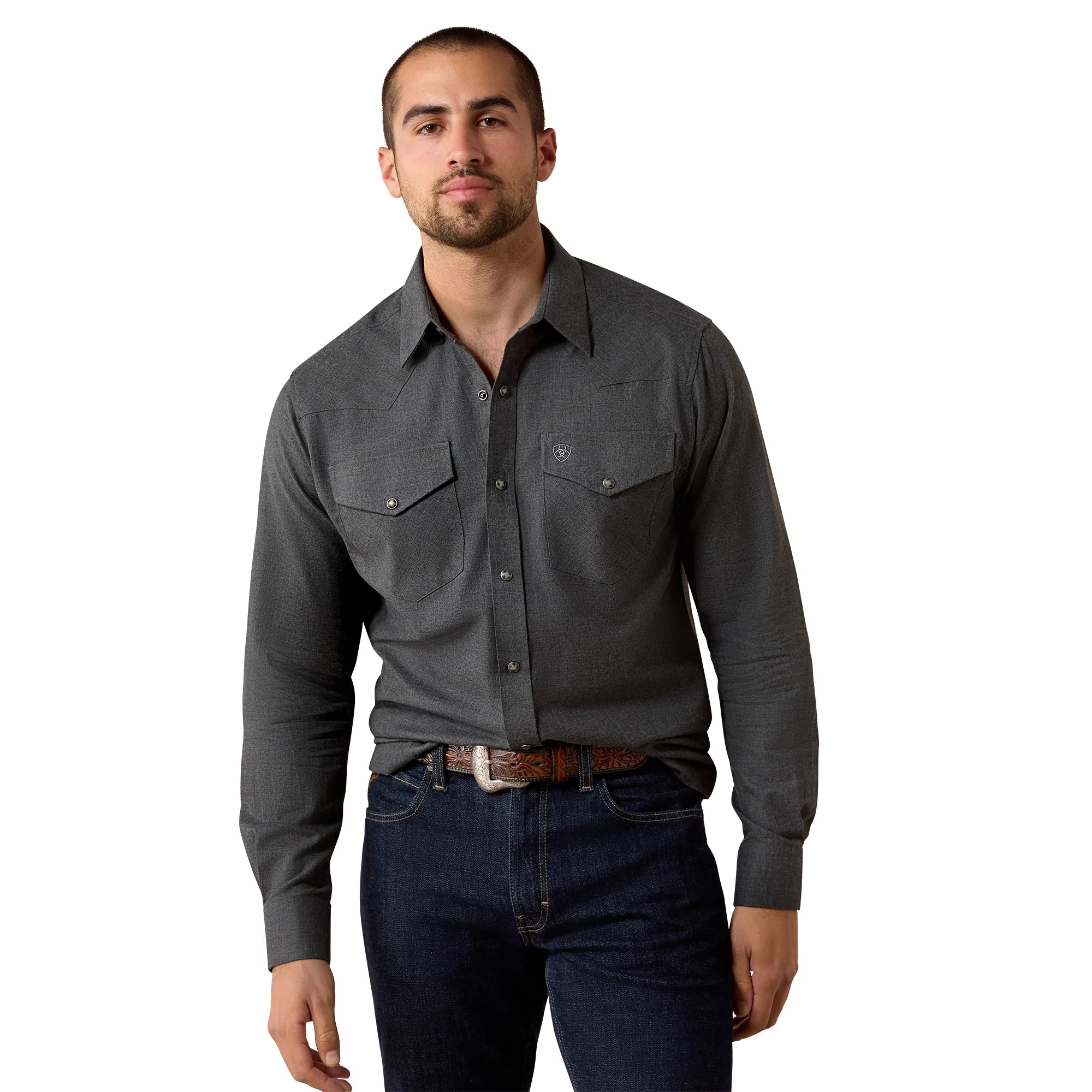 Men's Ariat Solid Twill Fitted Snap Shirt-Charcoal Heather