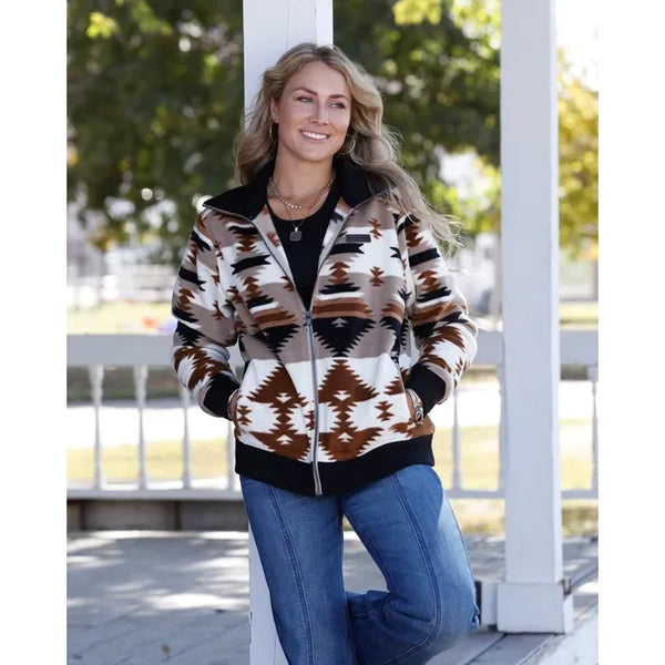 Cinch Women's Aztec Polar Fleece Sweater Jacket-Khaki